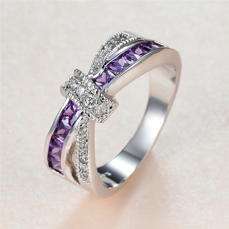 Luxury Female Purple Crystal Stone Ring Promise Silver Color Thin Wedding Rings For Women Vintage Bowknot Zircon Engagement Ring - Image 2