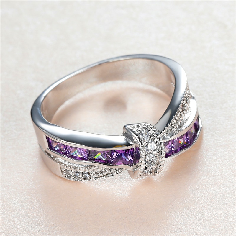 Luxury Female Purple Crystal Stone Ring Promise Silver Color Thin Wedding Rings For Women Vintage Bowknot Zircon Engagement Ring - Image 3