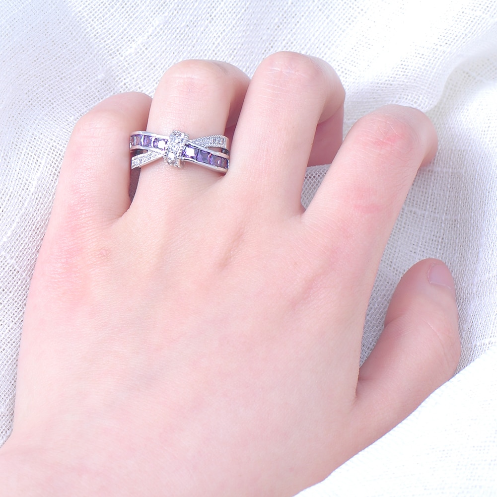 Luxury Female Purple Crystal Stone Ring Promise Silver Color Thin Wedding Rings For Women Vintage Bowknot Zircon Engagement Ring - Image 4