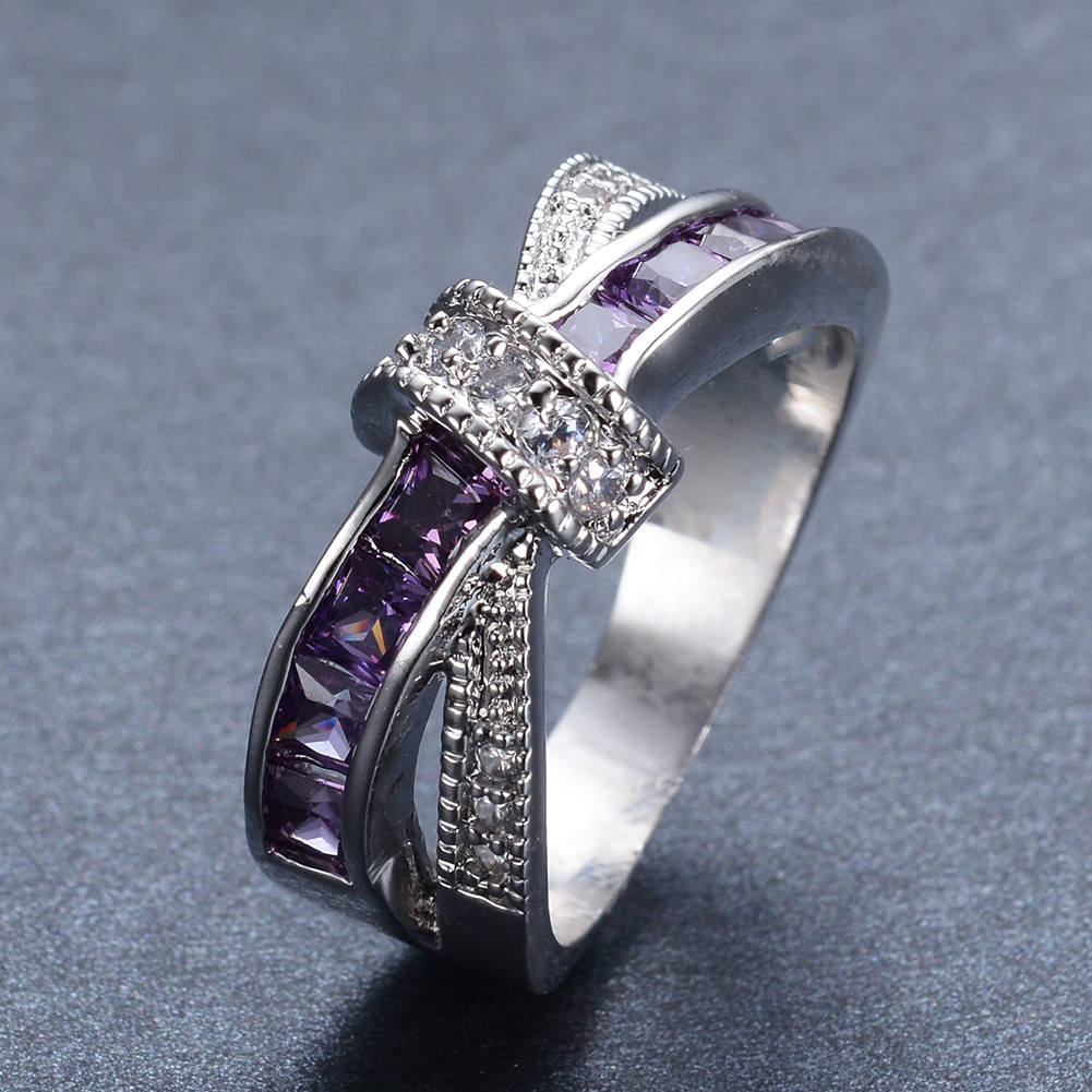 Luxury Female Purple Crystal Stone Ring Promise Silver Color Thin Wedding Rings For Women Vintage Bowknot Zircon Engagement Ring - Image 5