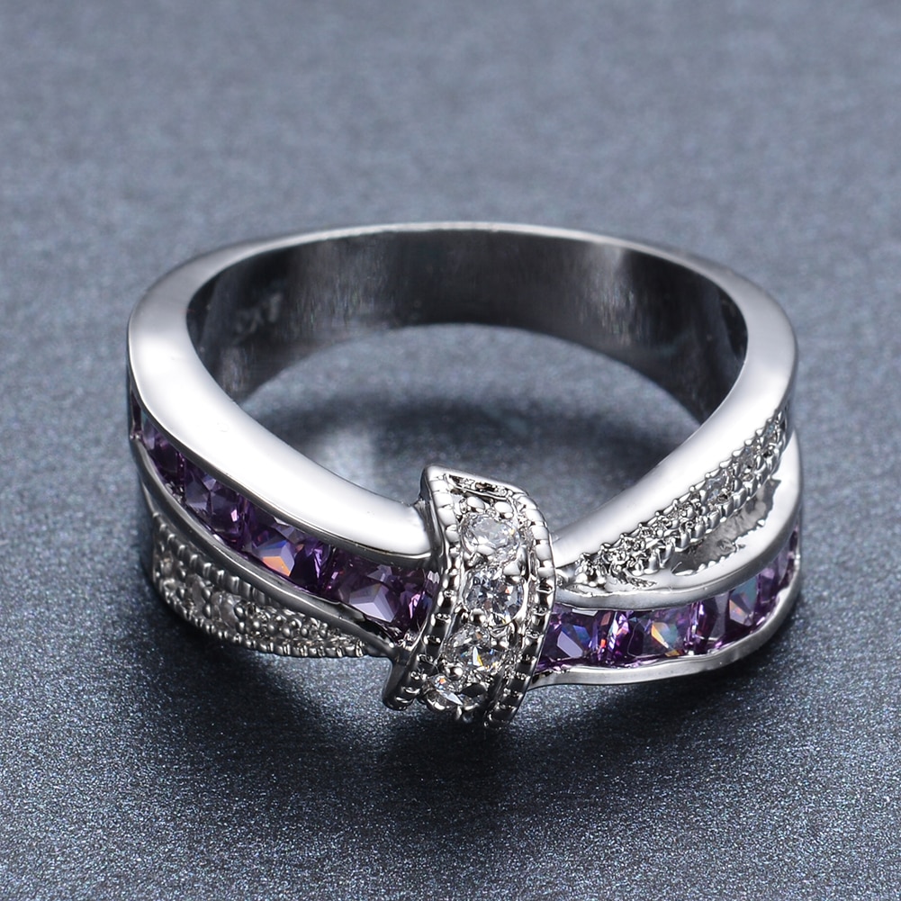 Luxury Female Purple Crystal Stone Ring Promise Silver Color Thin Wedding Rings For Women Vintage Bowknot Zircon Engagement Ring - Image 6