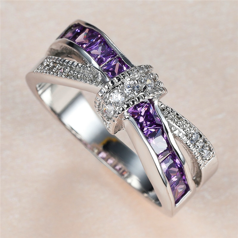 Luxury Female Purple Crystal Stone Ring Promise Silver Color Thin Wedding Rings For Women Vintage Bowknot Zircon Engagement Ring