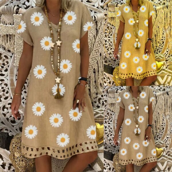 S-5xl Plus Size Dress Summer Women Vintage V-neck Floral Print Dress Short Sleeve Retro Printed Loose Beach Casual Dresses #SRN