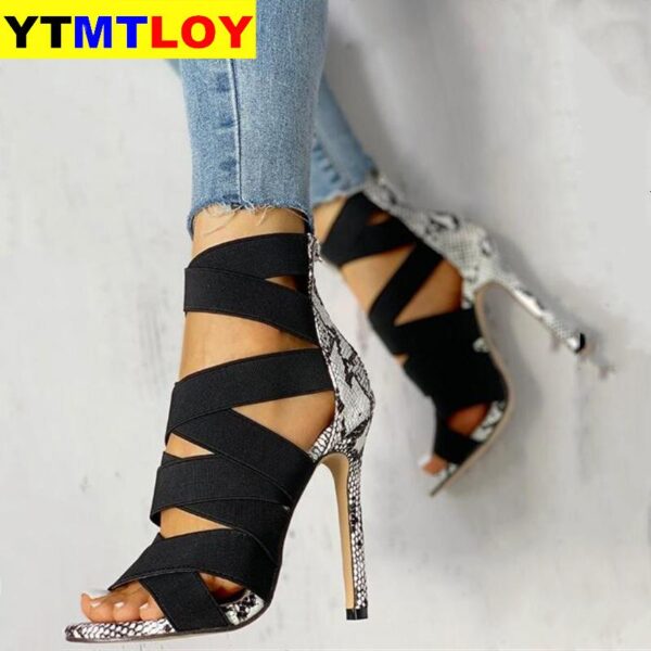 Snake Summer Shoes Woman Pumps High Thin Heels Pointed Toe Rhinestone Gladiator Pumps Party Sexy Shoes Prom Shoes - Image 3