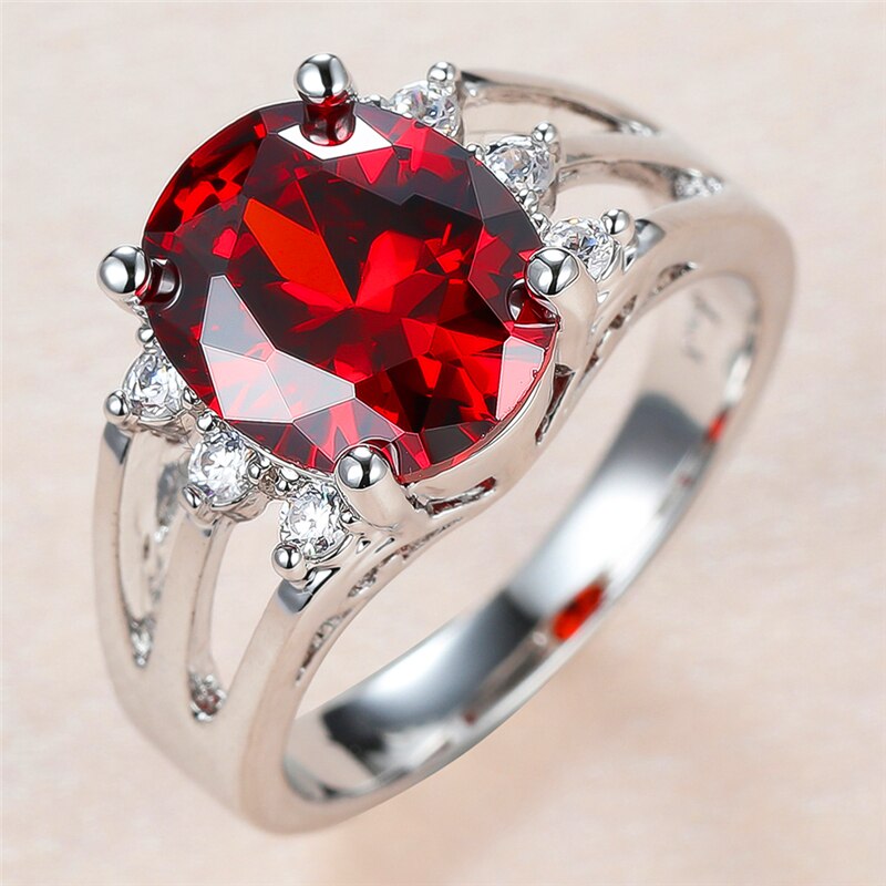 Vintage Female Red Crystal Stone Ring Charm Silver Color Big Wedding Rings For Women Dainty Bride Oval Zircon Engagement Ring - Image 2
