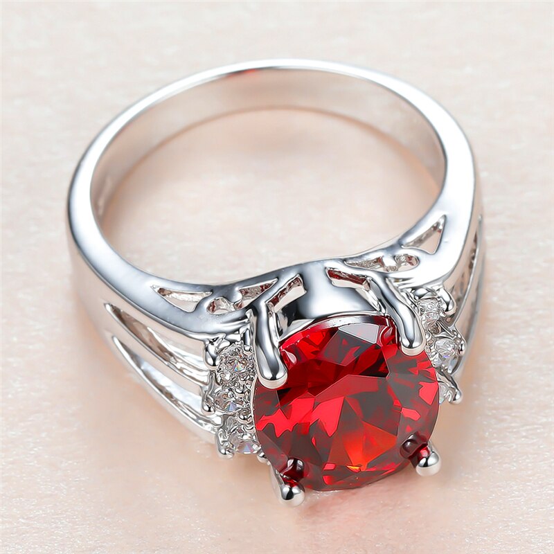 Vintage Female Red Crystal Stone Ring Charm Silver Color Big Wedding Rings For Women Dainty Bride Oval Zircon Engagement Ring - Image 3