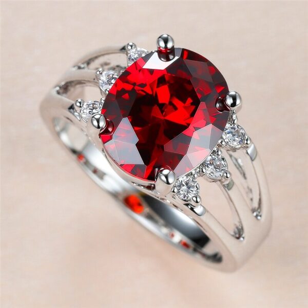 Vintage Female Red Crystal Stone Ring Charm Silver Color Big Wedding Rings For Women Dainty Bride Oval Zircon Engagement Ring - Image 4
