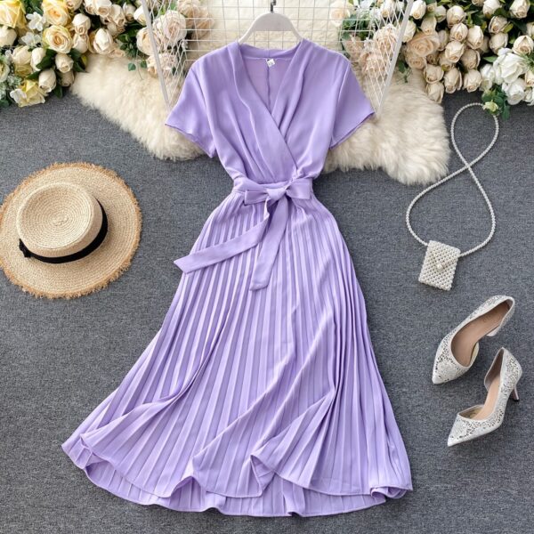 Aibeautyer 2021 Lady Women Dress Bandage Pleated A-line Vestidos 2020 Summer Bow Vintage Holiday Robes Long Dresses - Image 2