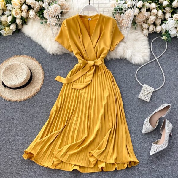 Aibeautyer 2021 Lady Women Dress Bandage Pleated A-line Vestidos 2020 Summer Bow Vintage Holiday Robes Long Dresses - Image 3