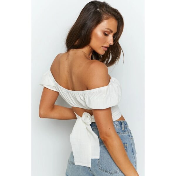 Bohemian lantern short-sleeved umbilical strap short shirt Pleated solid color small shirt Heritage Wrap Top топ - Image 3