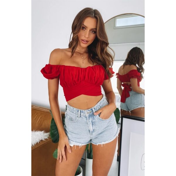 Bohemian lantern short-sleeved umbilical strap short shirt Pleated solid color small shirt Heritage Wrap Top топ - Image 5