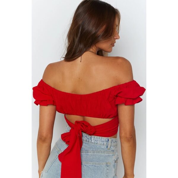 Bohemian lantern short-sleeved umbilical strap short shirt Pleated solid color small shirt Heritage Wrap Top топ - Image 6