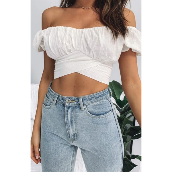 Bohemian lantern short-sleeved umbilical strap short shirt Pleated solid color small shirt Heritage Wrap Top топ