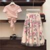 HIGH QUALITY Women Irregular T Shirt Mesh Skirts Suits Bowknot Solid Tops Vintage Floral Skirt Sets Elegant Woman Two Piece Set