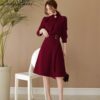 New Arrival Autumn Women Elegant Button Stand neck Belted Long Sleeve Work Business Party black wine red Split Dress Vestidos - Image 2