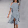 Sexy Solid Split Halter Woman Dress Sleeveless Backless Lace Up Bandage Female Dresses Long 2021 Summer Office Lady Vestidos - Image 3
