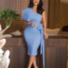 Women Bodycon Dresses One Shoulder with Bowtie Waist Belt Light Blue Dress Elegant Slim Vestido African Event Celebrate Occasion - Image 2