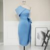 Women Bodycon Dresses One Shoulder with Bowtie Waist Belt Light Blue Dress Elegant Slim Vestido African Event Celebrate Occasion - Image 3