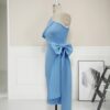Women Bodycon Dresses One Shoulder with Bowtie Waist Belt Light Blue Dress Elegant Slim Vestido African Event Celebrate Occasion - Image 4